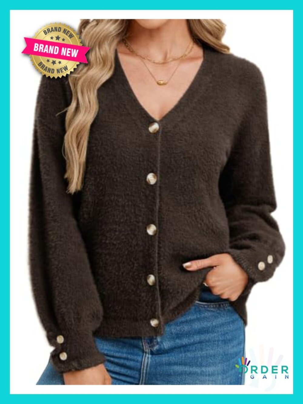 Fuzzy Chunky Wool Blend Cardigan Button V-Neck Long Sleeve Fall Sweater